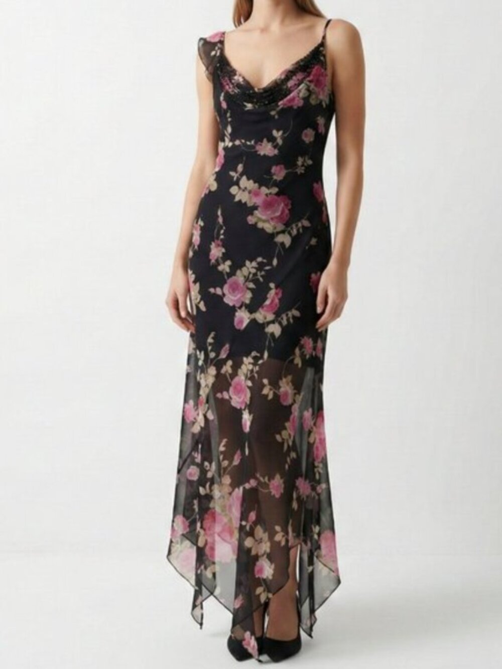 Vintage Dark Floral Beaded Cowl Maxi Dress Fairy Grunge Coquette